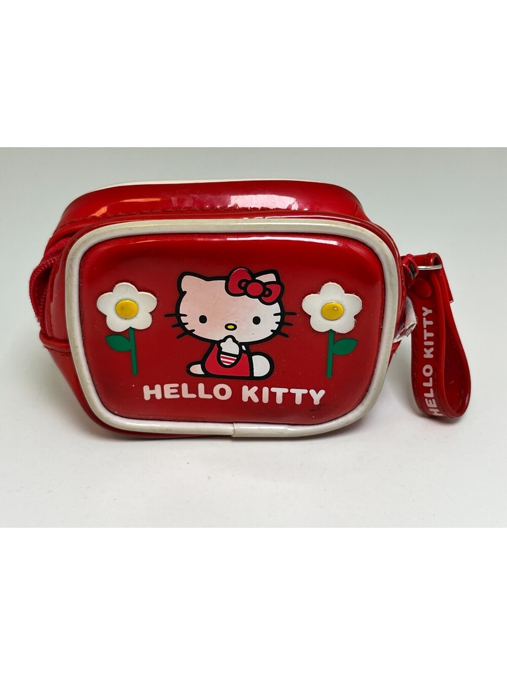 1999 Sanrio Hello Kitty Red Vinyl Pouch Wrist Strap Zip Case ©1976 1999 China